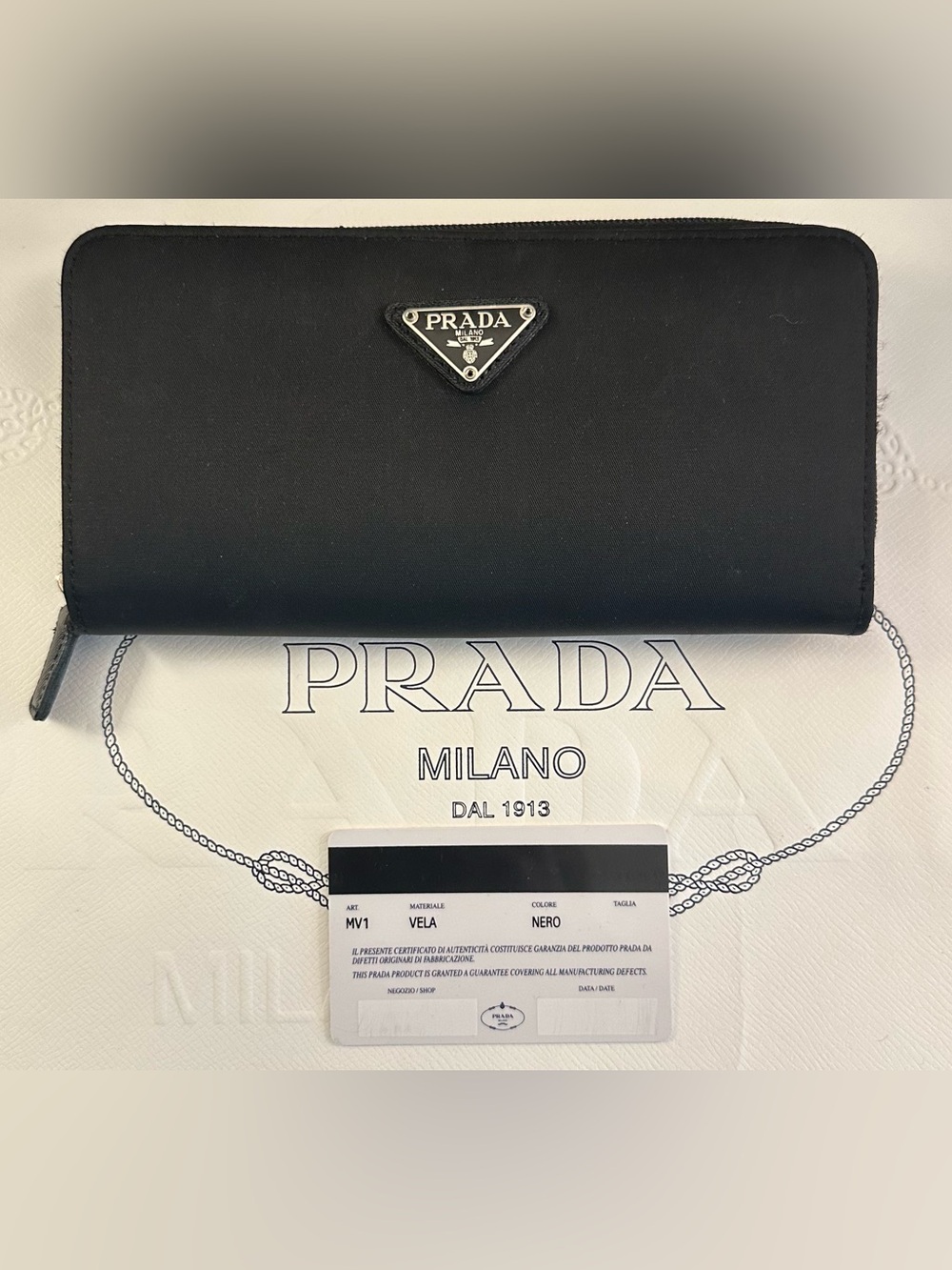 Prada black nylon and leather zippy and snap wallet
